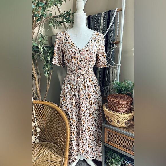 Lola Grace Pink Orange Leopard Print Button Down Smocked Flutter Sleeve Dress - Picture 1 of 10